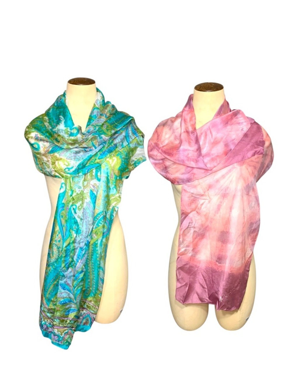 Rose Helene + Jessica Silk Scarves Set Paisley Teal & Pink Tie-Dye Feminine Wrap